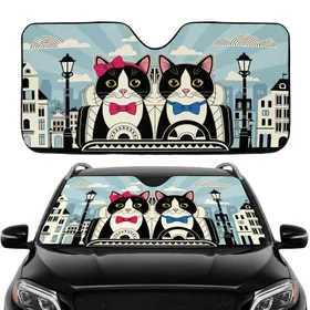 Tuxedo Cats Fuchsia Bow Royal Blue Bow Cityscape - Cat Lover Home Decor Gift Car Sunshade