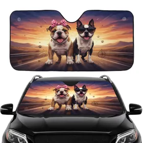 Fawn Bulldog Boston Terrier Puppy Highway Sunset - Road Trip Dog Lover Gift Car Sunshade