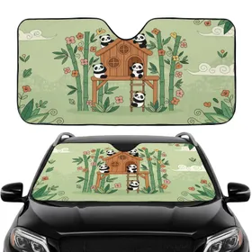 Panda Bears Treehouse Bamboo Pink Orange Yellow Blossoms Green Hills - Wildlife Lover Gift Car Sunshade