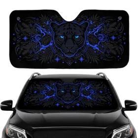 Black Panther Face Glowing Sapphire Eyes Jungle Tribal Markings - Car Interior Gift Car Sunshade