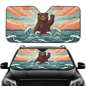 Friendly Waving Brown Bear Ocean Waves Sky Sun Rays - Travel Essentials Car Sunshade