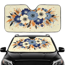 Blue Orange Yellow Layered Flat Flowers Organic Shapes Brushstroke Splatter - Home Decor Gift Car Sunshade