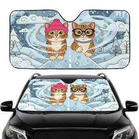 Beanie Cat Glasses Winter Snowflakes - Cat Lover Auto Accessory Gift Car Sunshade