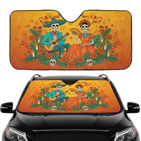 Calavera Skeletal Couple Marigold Flowers - Dia de los Muertos Gift for Folk Art Lover Car Sunshade