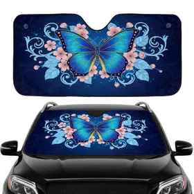 Blue Butterfly Cherry Blossom Foliage Filigree - Nature Inspired Home Decor Gift Car Sunshade