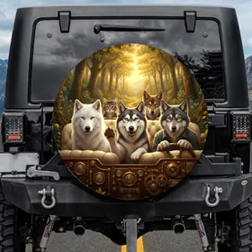 Wolf Husky Cat Animals Sun-Drenched Forest Luxurious Interior - Car Decor Gift Spare Tire Cover