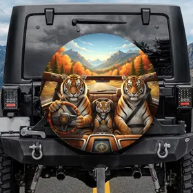 Three Tigers Driving Car Scenic Road - Wildlife Adventure Travel Gift Spare Tire Cover