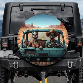 Screaming Zombies Desert Highway Vehicle - Road Trip Decor Horror Fan Gift Spare Tire Cover
