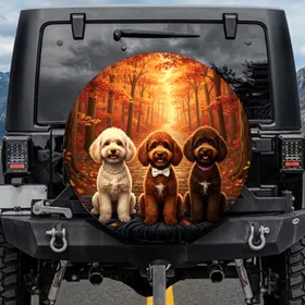 Happy Fluffy Poodles Autumn Forest Scenic Path - Dog Lover Home Decor Gift Spare Tire Cover