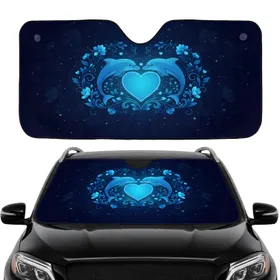 Blue Dolphins Glowing Heart Twinkling Stars Aquatic Floral - Ocean Lover Gift Car Sunshade