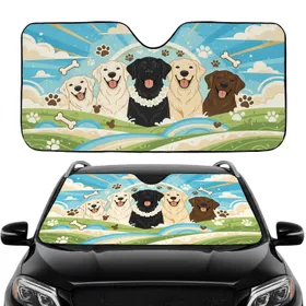 Five Open Mouth Dogs Paw Prints Bone Floral Wavy Lines Sky Clouds Hills - Dog Lover Gift Car Sunshade