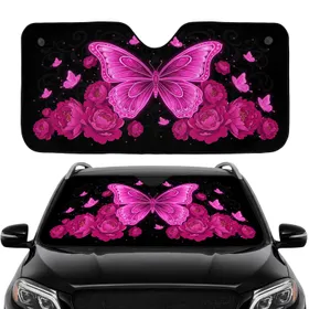 Fuchsia Butterfly Peony Floral Pink Butterflies Swirls Black - Nature Lover Gift Car Sunshade