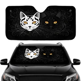 Black White Cat Faces Amber Eyes Charcoal Gold Swirl - Home Decor Gift for Cat Lover Car Sunshade