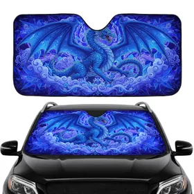 Majestic Blue Dragon Cosmic Starbursts Unfurled Wings - Fantasy Lover Gift Car Sunshade