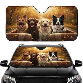 Four German Shepherd Labrador Border Collie Driving Dogs Autumn Road Trip - Dog Lover Gift Car Sunshade