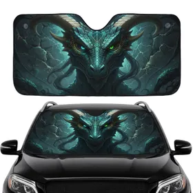 Ancient Dragon Face Glowing Teal Green Eyes Bone Horns - Fantasy Lover Car Decor Gift Car Sunshade