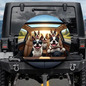 Boston Terriers Sunglasses Steering Wheel Car Interior Open Road - Dog Lover Road Trip Gift Spare Tire Cover