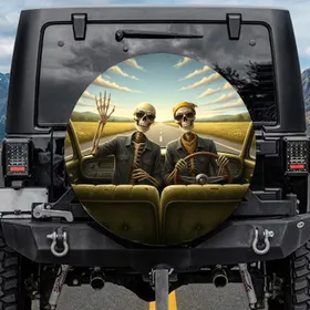 Cheerful Skeletons Sunglasses Highway Drive - Open Road Adventure Gift Spare Tire Cover