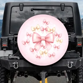 Blush Pink Silk Bows White Hearts Flowing Ribbons Swirling Patterns - Home Decor Gift Spare Tire Cover