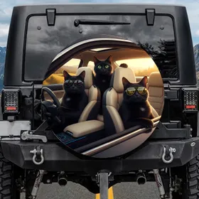 Three Black Cats Driving Car - Road Trip Adventure Cat Lover Gift Spare Tire Cover