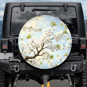 Delicate White Blossoms Green Leaves Branch Sky - Nature Lover Home Decor Gift Spare Tire Cover