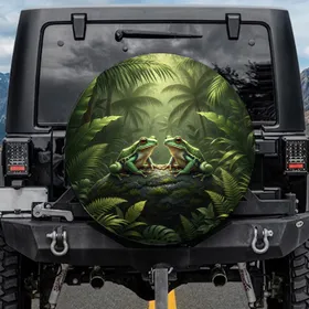 Green Tree Frogs Amber Eyes Mossy Rock Lush Foliage Tropical Jungle - Wildlife Lover Gift Spare Tire Cover