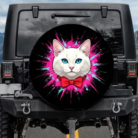 White Cat Blue Eyes Red Bow Tie Neon Pink Cyan Splatter Black Background - Cat Lover Gift Spare Tire Cover