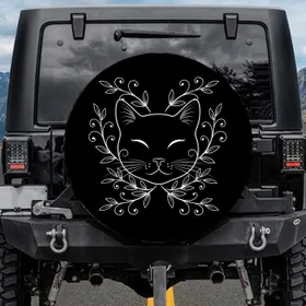 Black White Smiling Cat Face Botanical Branches - Home Decor Gift for Cat Lovers Spare Tire Cover