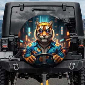 Confident Tiger Sunglasses Hawaiian Shirt Cityscape - Auto Accessory Wildlife Lover Gift Spare Tire Cover