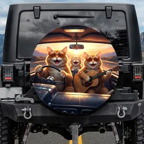 Ginger Tabby Cats Driving Car Guitar Sunset - Cat Lover Gift Spare Tire Cover