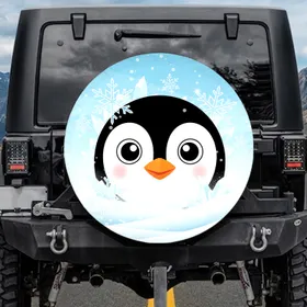 Penguin Face Prominent Wide White Eyes Geometric Snowflakes Arctic Snowdrifts - Penguin Lover Spare Tire Cover