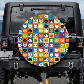 Mosaic Cat Faces Grid - Multi-Colored Patchwork Cat Lover Gift Spare Tire Cover