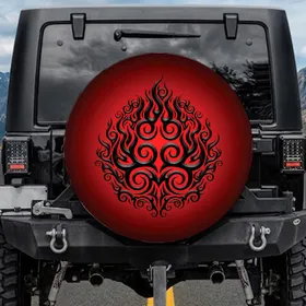 Interwoven Black Tribal Flame Swirls Crimson Red Background - Car Enthusiast Gift Spare Tire Cover