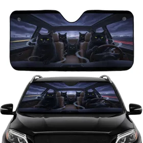 Four Black Cats Yellow Eyes Driving Luxury Car Cinematic Night Journey - Road Trip Gift Car Sunshade