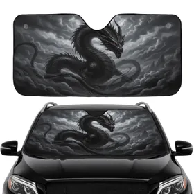 Black Dragon Bared Fangs Glowing Eyes Storm Clouds Turbulent Mist - Fantasy Home Decor Car Sunshade