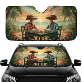 Friendly Skeletons Hawaiian Shirts Tropical Sunset Beach - Summer Road Trip Gift Car Sunshade