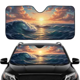 Breaking Wave Golden Sun Path Seascape - Coastal Ocean Lover Travel Essentials Car Sunshade