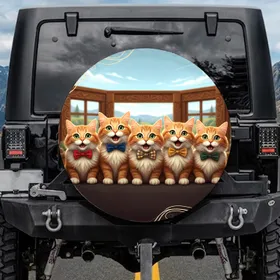 Surprised Fluffy Ginger Cream Cats Bow Ties - Adventure Road Trip Gift Spare Tire Cover
