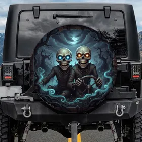 Ghoulish Grinning Skeletons Adventure Journey - Road Trip Lover Gift for Drivers Spare Tire Cover