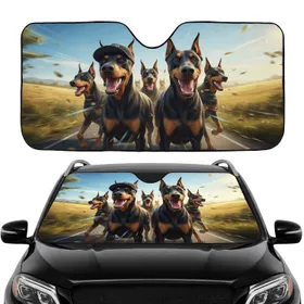 Excited Doberman Dogs High-Speed Adventure - Road Trip Travel Essentials Car Sunshade