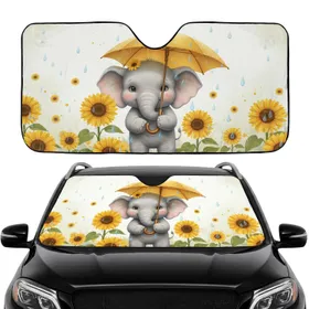 Gray Baby Elephant Golden Umbrella Sunflowers Raindrops - Wildlife Lover Car Accessory Car Sunshade