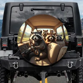 Anthropomorphic Raccoons Driving Journey - Wildlife Lover Gift Spare Tire Cover
