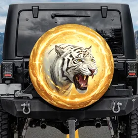 Majestic White Tiger Roaring Fangs Golden Swirls - Wildlife Lover Car Accessory Gift Spare Tire Cover