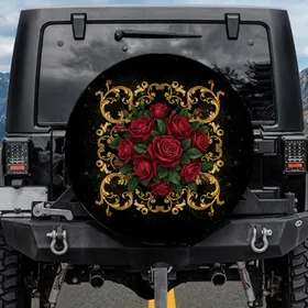 Lush Blooming Roses Rosebuds Foliage Golden Baroque Scrollwork Accents Spare Tire Cover