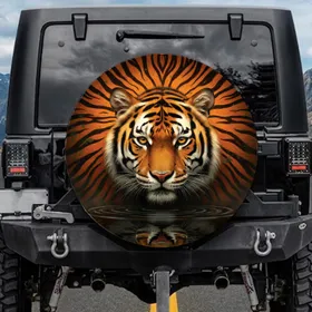 Tiger Face Golden Eyes Water Ripples Orange Black Striped Fur - Wildlife Lover Gift Spare Tire Cover