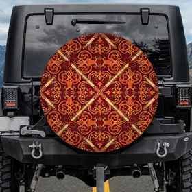 Damask Tapestry Arabesque Floral Leaf Diamond Scroll Spare Tire Cover