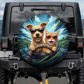 Dog Cat Sunglasses Leopard Steering Wheel - Pet Lover Gift Spare Tire Cover