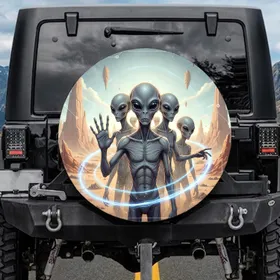 Five Grey Aliens Towering Rock Formations Cosmic Desert - Sci-Fi Lover Gift Spare Tire Cover