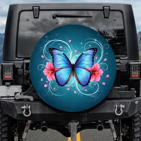 Iridescent Blue Morpho Butterfly Pink Hibiscus Glowing Swirls Celestial - Wildlife Lover Spare Tire Cover