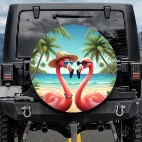 Flamingos Straw Hat Sunglasses Tropical Beach - Beach Life Gift for Flamingo Lovers Spare Tire Cover